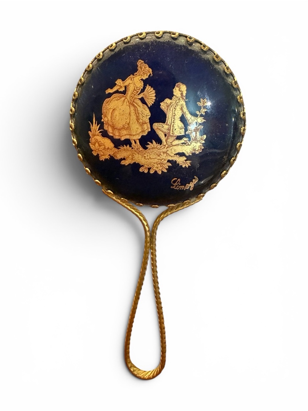 Vintage Limoges Cobalt Blue Hand Mirror Gold Courting Scene French Vanity Decor